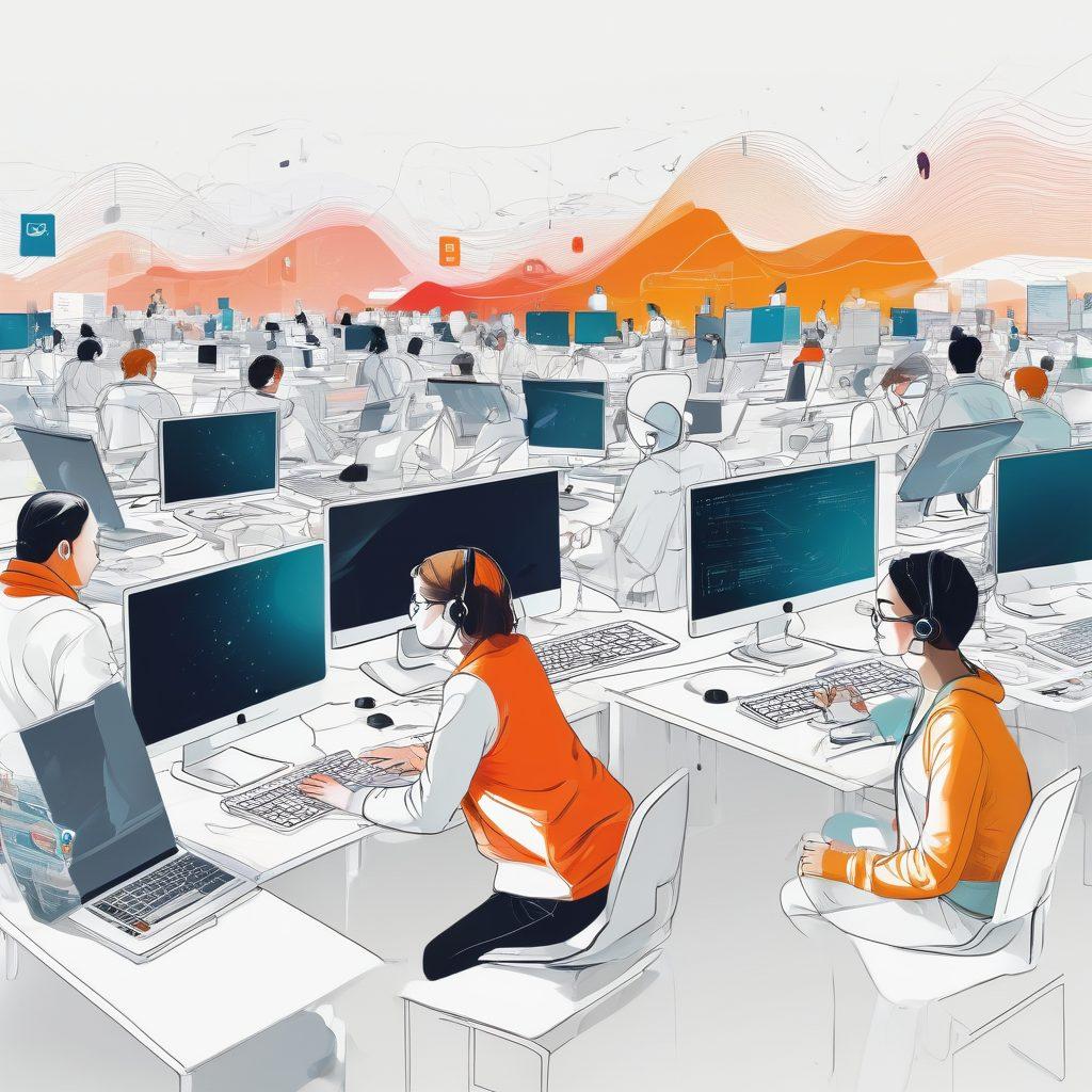 A vibrant collage showcasing a diverse group of people collaborating in a modern workspace, surrounded by Linux logos and open-source icons. Include elements like laptops, code snippets on screens, and community support symbols, all unified by a dynamic flow of colorful lines representing innovation. The background should have a tech-inspired aesthetic. vector art. vibrant colors. white background.