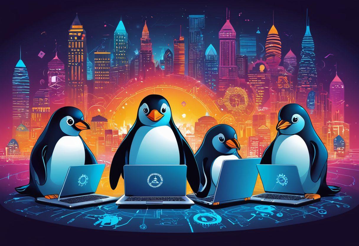 A dynamic illustration featuring a group of diverse developers collaboratively coding on laptops adorned with the Linux penguin logo, surrounded by open source symbols like gears and light bulbs, depicting innovative solutions. The background showcases a vibrant tech cityscape with digital elements, emphasizing creativity and collaboration. futuristic, vibrant colors, vector art.