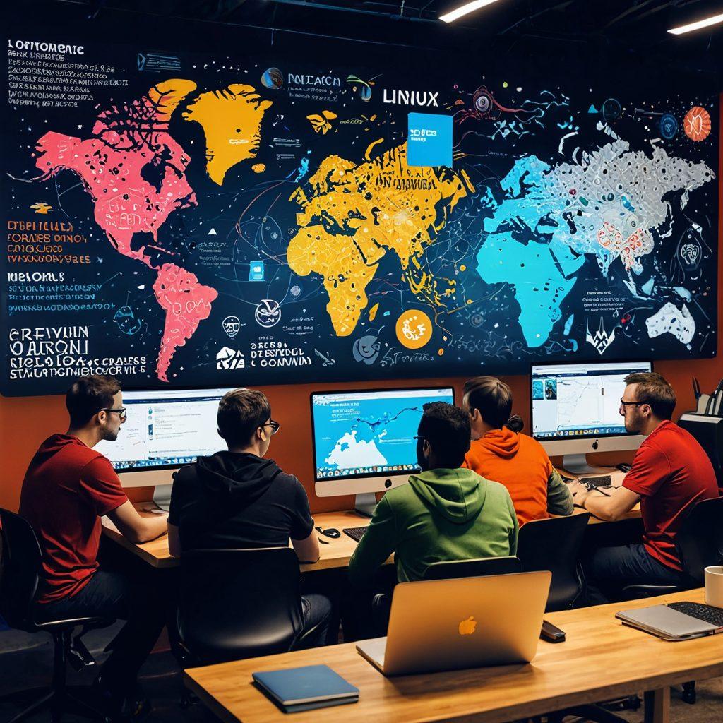 A vibrant digital collage showcasing a diverse group of Linux enthusiasts collaborating around a laptop, exchanging ideas and sharing resources. Add elements like colorful open-source logos, code snippets floating around, and a backdrop of a global map. Incorporate hints of community event posters and a cozy tech workspace vibe. Ensure the image feels inclusive and inviting. super-realistic. vibrant colors. 3D.